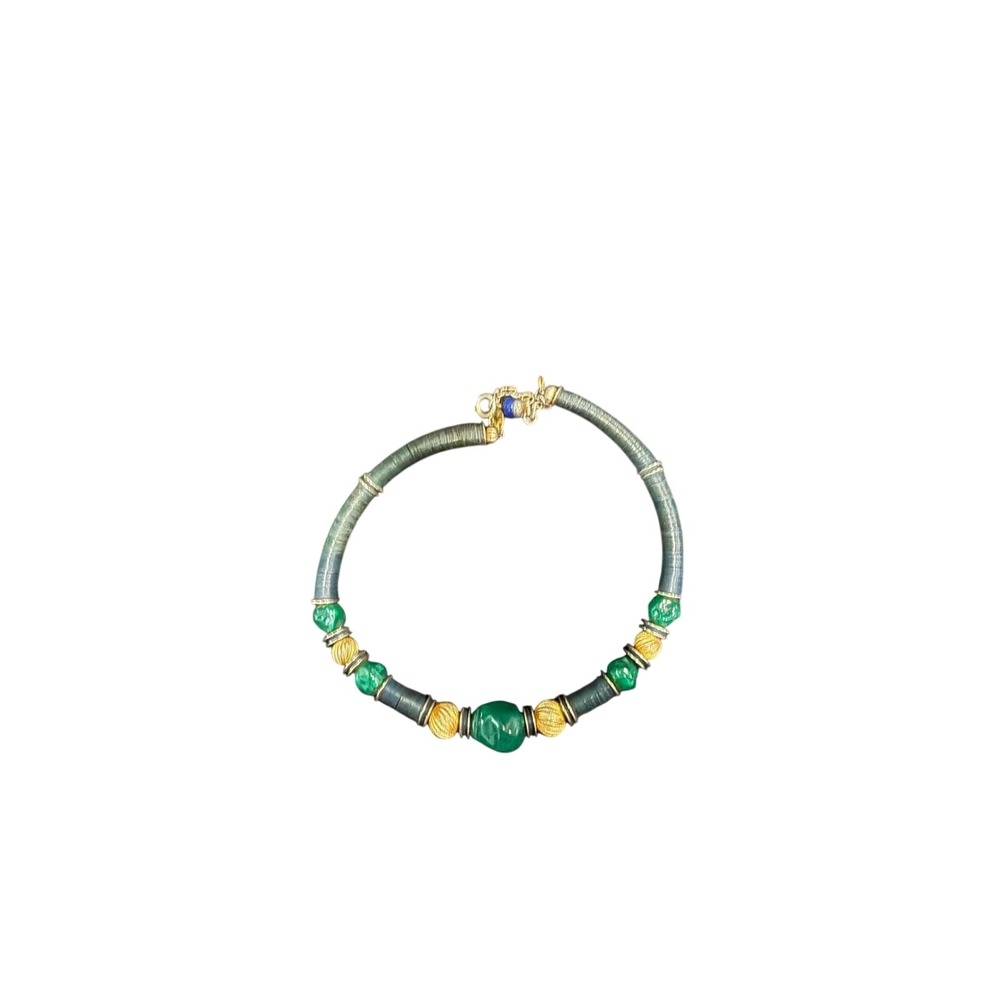 Gay Boyer Beaded Necklace Green Blue‎ Gold Tone Clasp Statement Jewelry